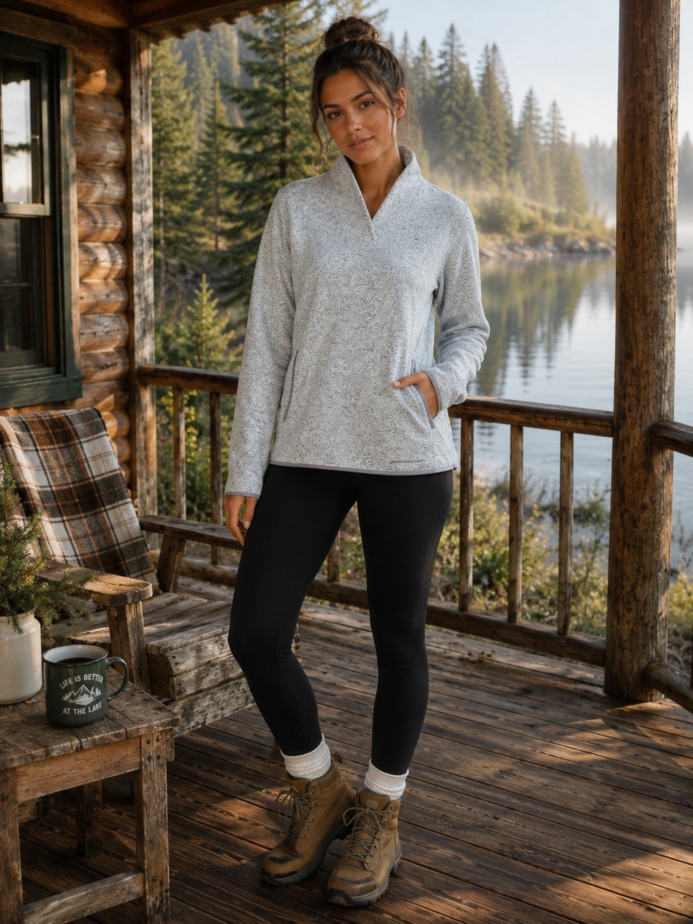 Eddie Bauer Sweater Fleece Pullover Women's M Gray Marled Shawl Collar